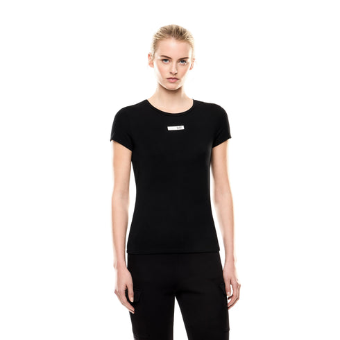 T-shirt Donna a girocollo, con patch logo frontale e fettuccia logata posteriore
